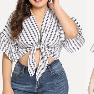 Plus Flounce Sleeve Vertical Stripe Top